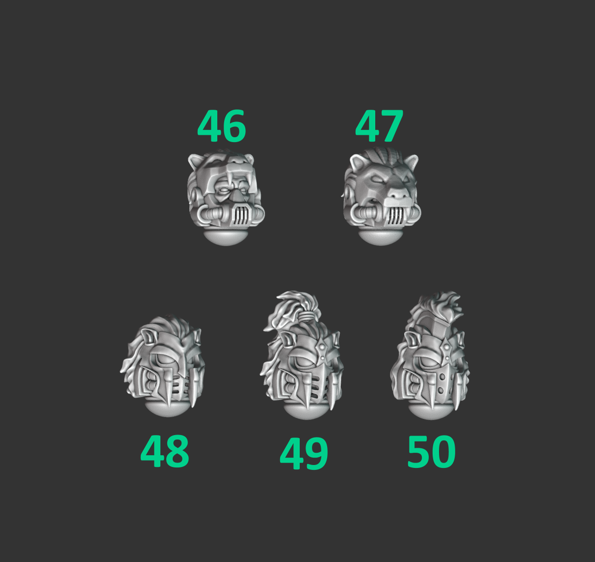 Lion Helmets Pack of Five For Sci Fi Battle Brother Space Warrior Marines Eternal Pilgrims by Greytide Studios. Available in Modern and Classic Scale for 28mm-32mm Tabletop Wargaming