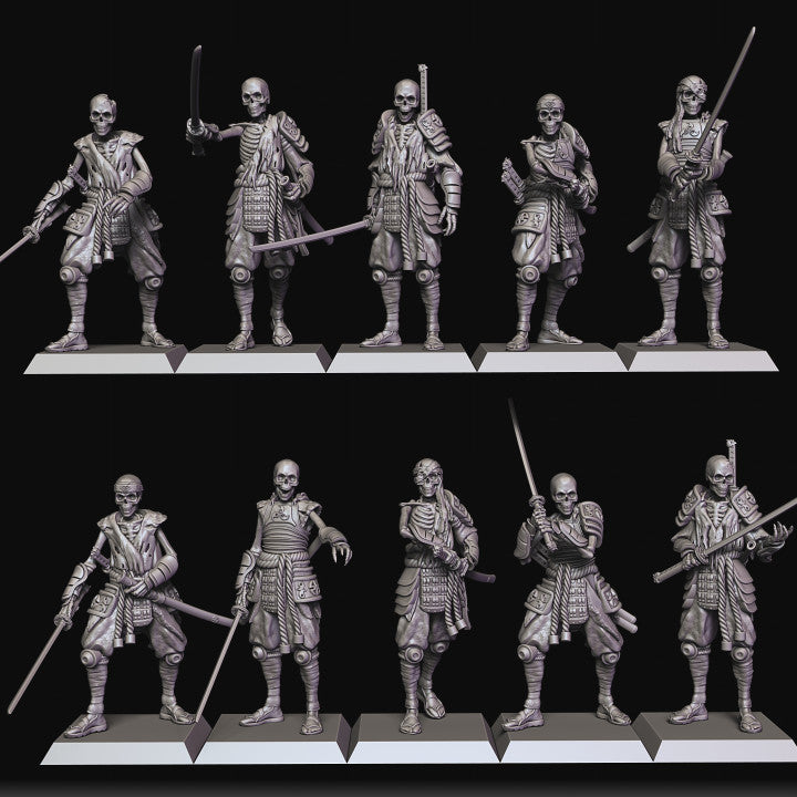 Katana Skeletons Set of Five by Raven Twins Miniatures, Perfect for 28mm, 32mm and larger games! Undead Samurai Skeletons!
