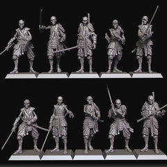 Katana Skeletons Set of Five by Raven Twins Miniatures, Perfect for 28mm, 32mm and larger games! Undead Samurai Skeletons!