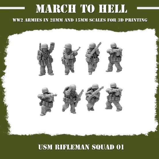 WW2 USMC Rifle Squad A Squad 01 From 3DBreeds March to Hell Range for Tabletop Games, Dioramas and Statues, Available in 12mm, 15mm, 20mm, 28mm, 32mm, 32mm heroic, 54mm and 75mm Scale