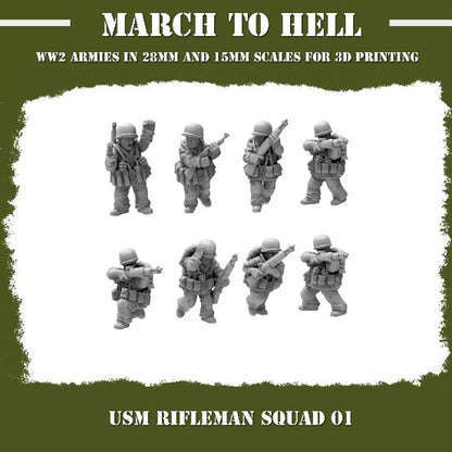 WW2 USMC Rifle Squad A Squad 01 From 3DBreeds March to Hell Range for Tabletop Games, Dioramas and Statues, Available in 12mm, 15mm, 20mm, 28mm, 32mm, 32mm heroic, 54mm and 75mm Scale