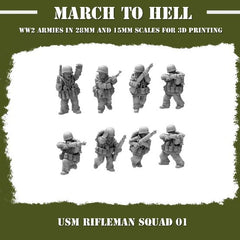 WW2 USMC Rifle Squad A Squad 01 From 3DBreeds March to Hell Range for Tabletop Games, Dioramas and Statues, Available in 12mm, 15mm, 20mm, 28mm, 32mm, 32mm heroic, 54mm and 75mm Scale