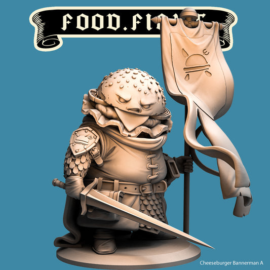 Cheeseburger Bannerman Knight, Food Fight Warrior by Quirky Unlimited for Tabletop Games, Dioramas and Statues, Available in 15mm, 28mm, 32mm, 32mm heroic, 54mm and 75mm Statue Scale