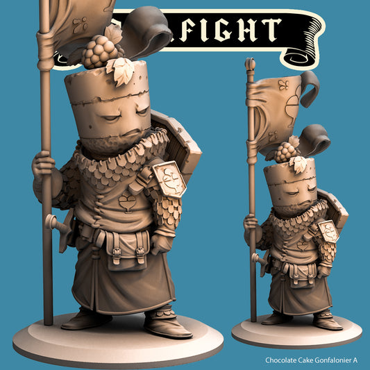 Chocolate Cake Gonfalonier, Food Fight Knight by Quirky Unlimited for Tabletop Games, Dioramas and Statues, Available in 15mm, 28mm, 32mm, 32mm heroic, 54mm and 75mm Statue Scale