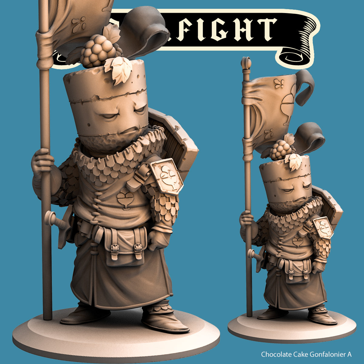 Chocolate Cake Gonfalonier, Food Fight Knight by Quirky Unlimited for Tabletop Games, Dioramas and Statues, Available in 15mm, 28mm, 32mm, 32mm heroic, 54mm and 75mm Statue Scale