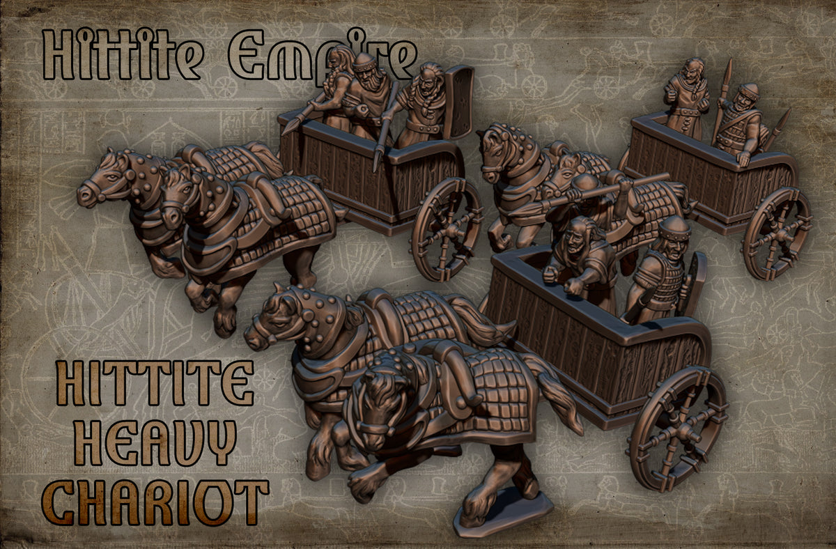 Hittite Heavy Chariots, Historical and Fantasy Wargaming Sculpted by Red Copper Miniatures for Tabletop Games, Dioramas and Statues, Available in 15mm, 20mm, 28mm, 32mm, 54mm and 75mm Statue Scale
