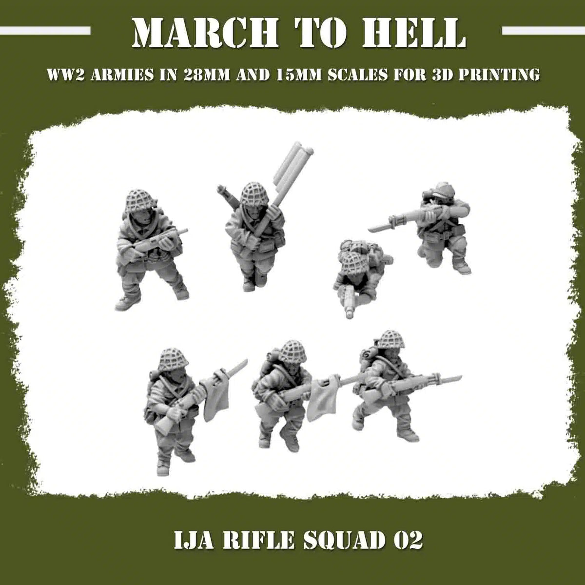 Imperial Japanese Army (IJA) RIFLE SQUAD 02 From 3DBreeds March to Hell Range for Tabletop Games, Dioramas and Statues, Available in 15mm, 20mm, 28mm, 32mm, 32mm heroic, 54mm and 75mm Scale
