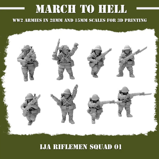 Imperial Japanese Army (IJA) RIFLE SQUAD 01 From 3DBreeds March to Hell Range for Tabletop Games, Dioramas and Statues, Available in 15mm, 20mm, 28mm, 32mm, 32mm heroic, 54mm and 75mm Scale