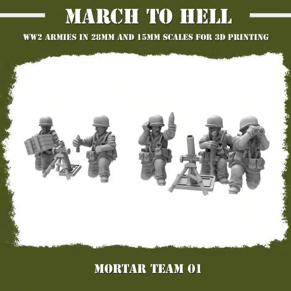 WW2 USMC Mortar Squad From 3DBreeds March to Hell Range for Tabletop Games, Dioramas and Statues, Available in 12mm, 15mm, 20mm, 28mm, 32mm, 32mm heroic, 54mm and 75mm Scale