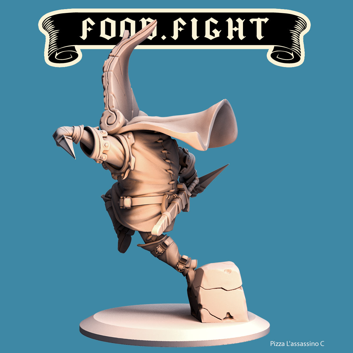 Pizza Assassin, Food Fight Warrior by Quirky Unlimited for Tabletop Games, Dioramas and Statues, Available in 15mm, 28mm, 32mm, 32mm heroic, 54mm and 75mm Statue Scale