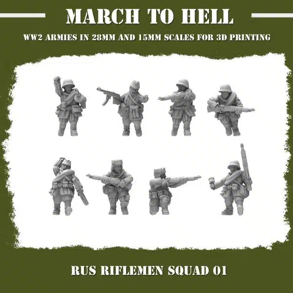 WW2 Red Army Riflemen Squad 3DBreeds March to Hell Range for Tabletop Games, Dioramas and Statues, Available in 12mm, 15mm, 20mm, 28mm, 32mm, 32mm heroic, 54mm and 75mm Statue Scale