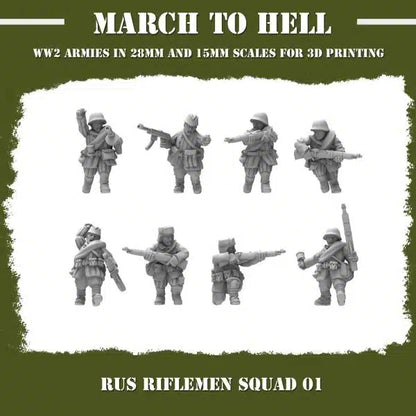 WW2 Red Army Riflemen Squad 3DBreeds March to Hell Range for Tabletop Games, Dioramas and Statues, Available in 12mm, 15mm, 20mm, 28mm, 32mm, 32mm heroic, 54mm and 75mm Statue Scale