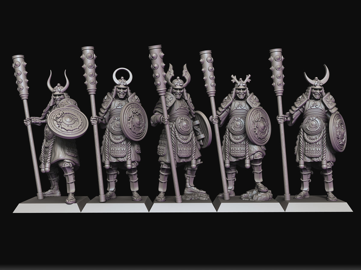 Shogun Guard Group of Five by Raven Twins Miniatures, Perfect for 28mm, 32mm and larger games! Undead Samurai Skeletons! Halberds and Shields