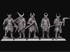 Shogun Guard Group of Five by Raven Twins Miniatures, Perfect for 28mm, 32mm and larger games! Undead Samurai Skeletons! Twin War Scythes