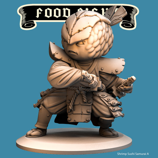 Shrimp Sushi Samurai, Food Fight Warrior by Quirky Unlimited for Tabletop Games, Dioramas and Statues, Available in 15mm, 28mm, 32mm, 32mm heroic, 54mm and 75mm Statue Scale
