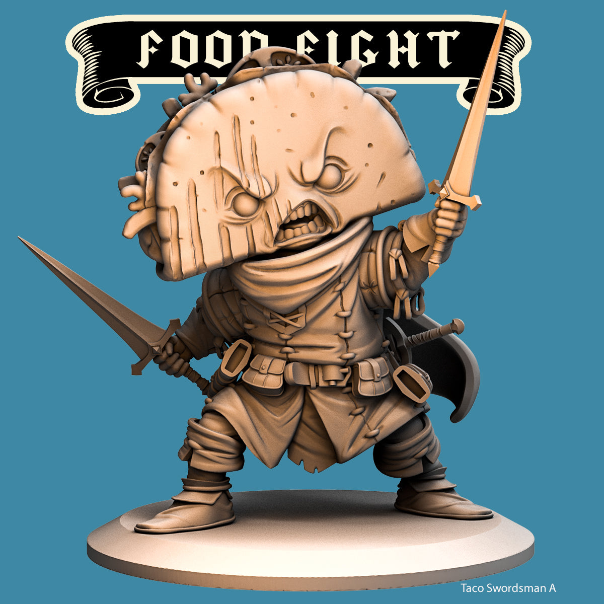 Taco Swordsman, Food Fight Warrior by Quirky Unlimited for Tabletop Games, Dioramas and Statues, Available in 15mm, 28mm, 32mm, 32mm heroic, 54mm and 75mm Statue Scale
