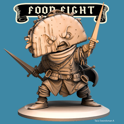 Taco Swordsman, Food Fight Warrior by Quirky Unlimited for Tabletop Games, Dioramas and Statues, Available in 15mm, 28mm, 32mm, 32mm heroic, 54mm and 75mm Statue Scale