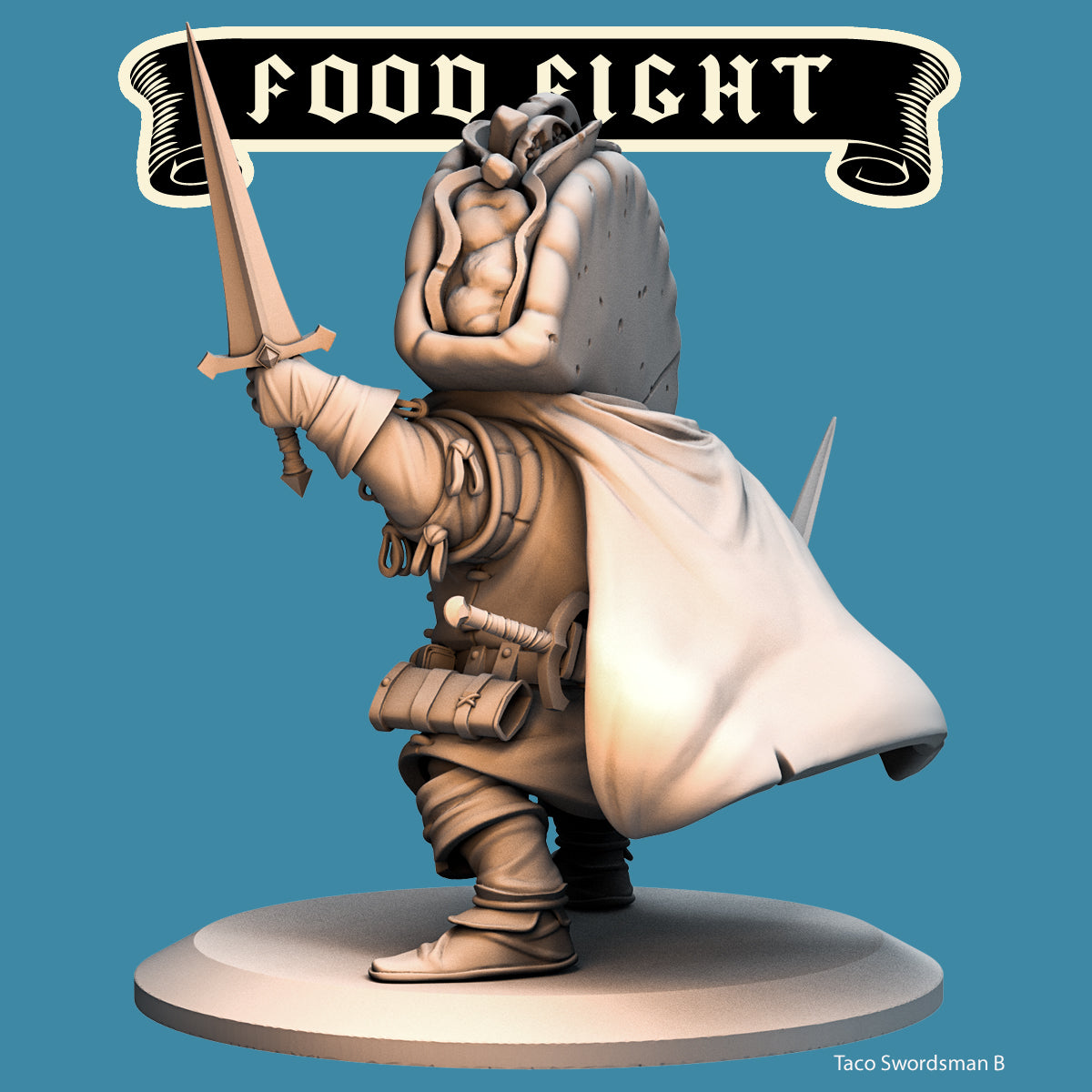 Taco Swordsman, Food Fight Warrior by Quirky Unlimited for Tabletop Games, Dioramas and Statues, Available in 15mm, 28mm, 32mm, 32mm heroic, 54mm and 75mm Statue Scale