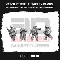 WW2 US Army GI Infantry HQ Squad From 3DBreeds March to Hell Range for Tabletop Games, Dioramas and Statues, Available in 12mm, 15mm, 20mm, 28mm, 32mm, 32mm heroic, 54mm and 75mm Scale