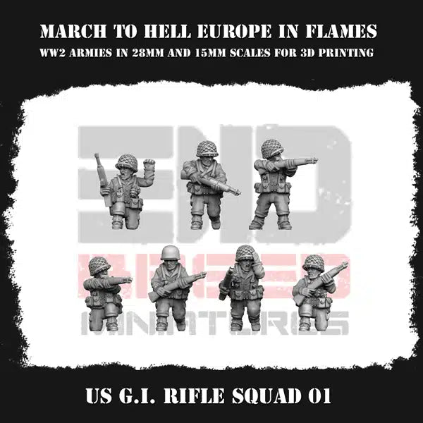 WW2 US Army GI Infantry Rifle Squad 1 From 3DBreeds March to Hell Range for Tabletop Games, Dioramas and Statues, Available in 12mm, 15mm, 20mm, 28mm, 32mm, 32mm heroic, 54mm and 75mm Scale