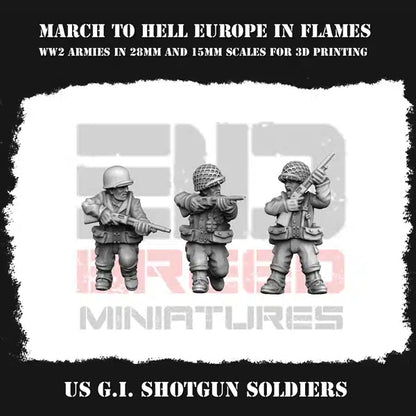 WW2 US Army GI Shotgun Squad From 3DBreeds March to Hell Range for Tabletop Games, Dioramas and Statues, Available in 12mm, 15mm, 20mm, 28mm, 32mm, 32mm heroic, 54mm and 75mm Scale