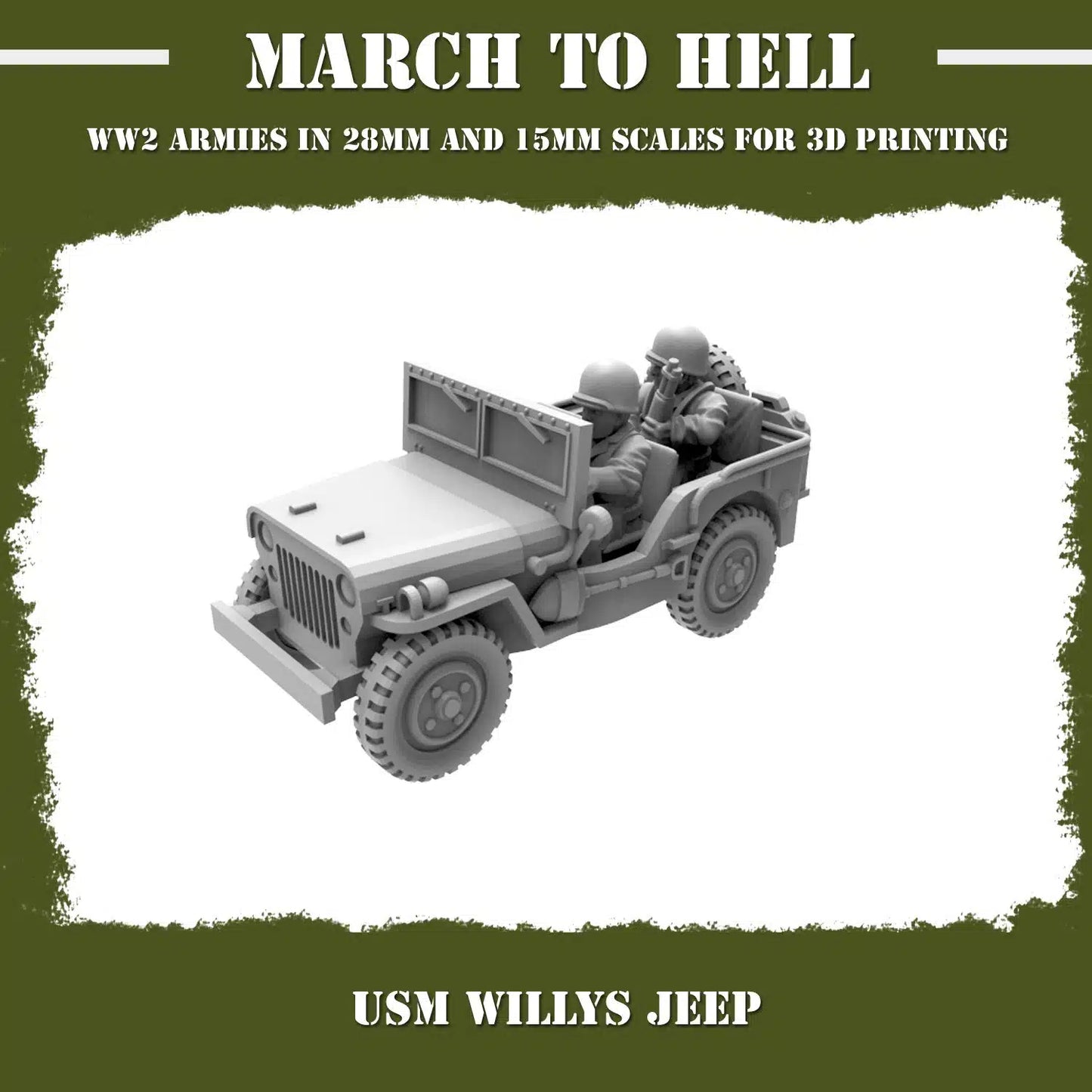 Unites States Marines (USM) Willis Jeep 3DBreeds March to Hell Range for Tabletop Games, Dioramas and Statues, Available in 12mm, 15mm, 20mm, 28mm, 32mm, 32mm heroic scale