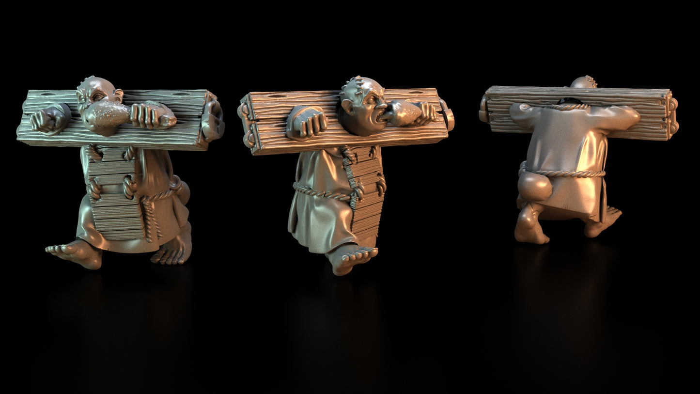 Male Halfling Flagellant Eating a Chicken Leg, Zealot Prisoner in Head Stock by Ezipion for Tabletop Games, Dioramas and Statues, Available in 15mm, 28mm, 32mm, 32mm heroic, 54mm and 75mm Statue Scale